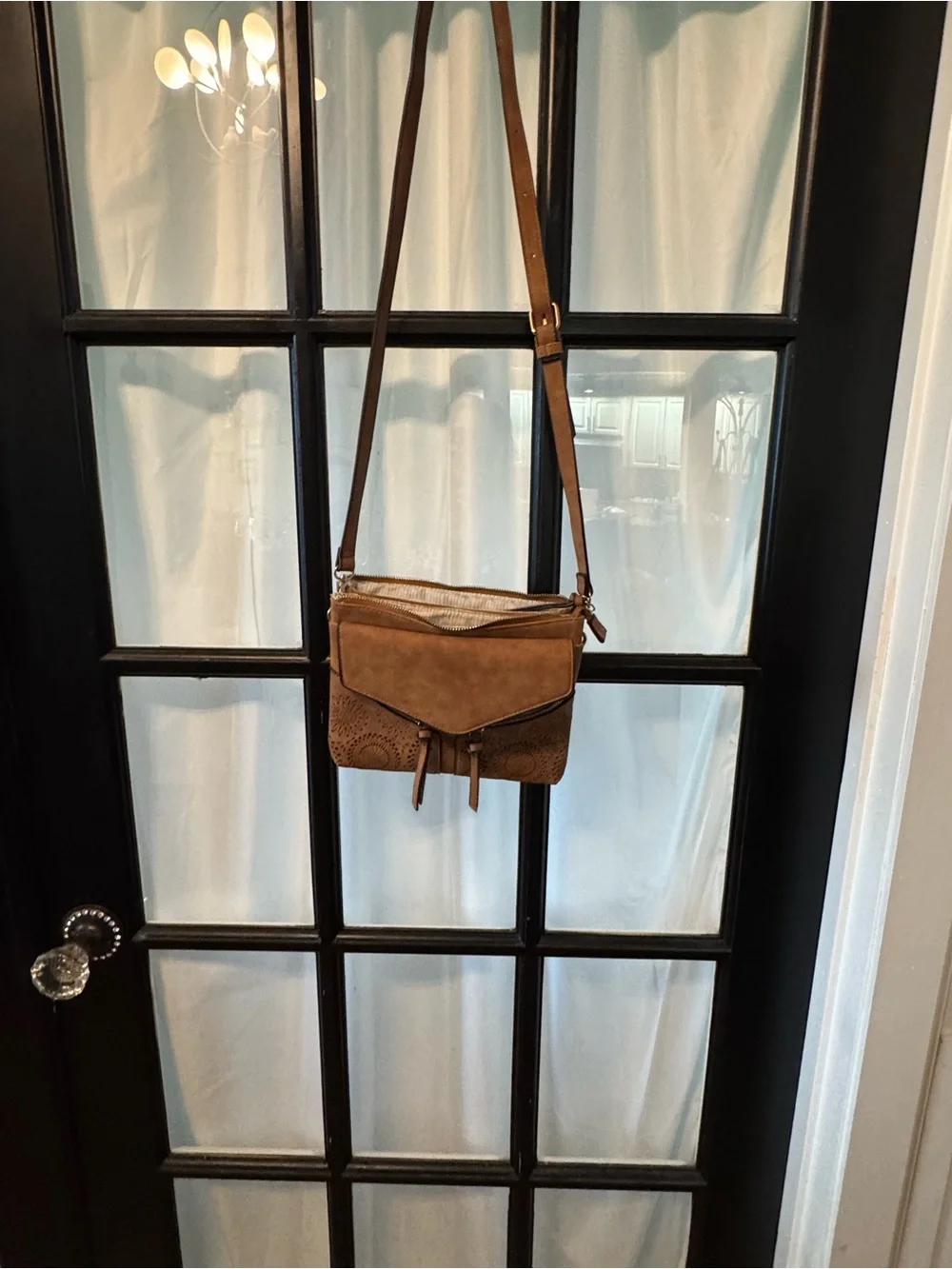 Tan Faux Leather Crossbody Bag with Laser-Cut Detail